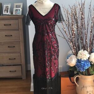 1920’s NWT Gatsby Flapper Short Sleeve Fringe Trim Dress SMALL